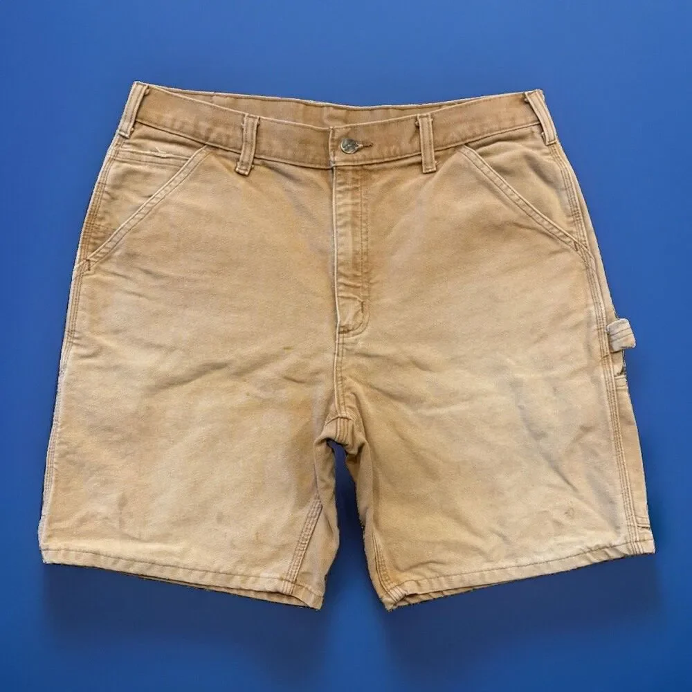 Vintage CARHARTT B25 BRN Carpenter Canvas LEATHER PATCH Shorts Sz 32/34 Mexico